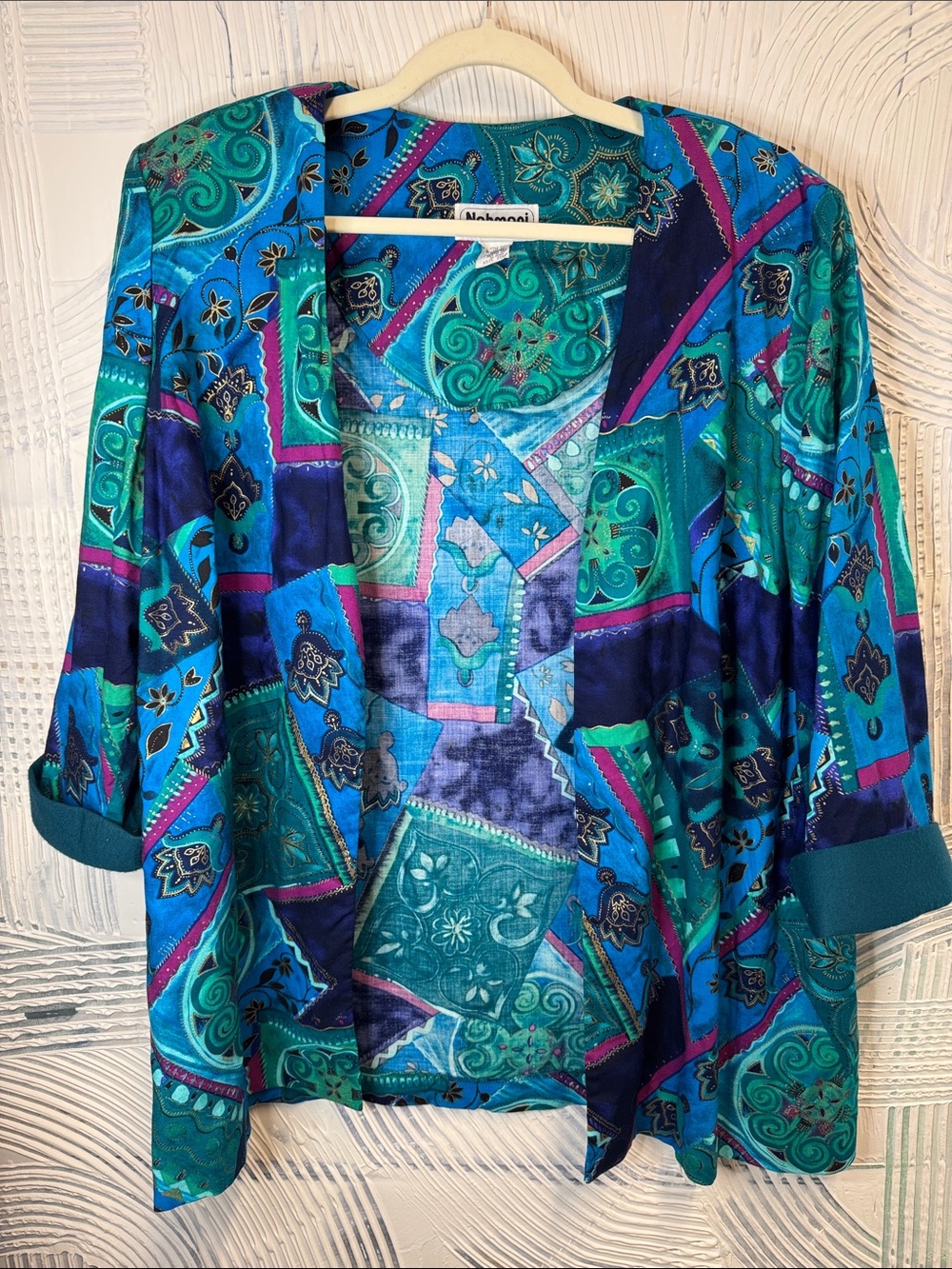 Open-Front Teal & Blue Patchwork Tunic N0759
